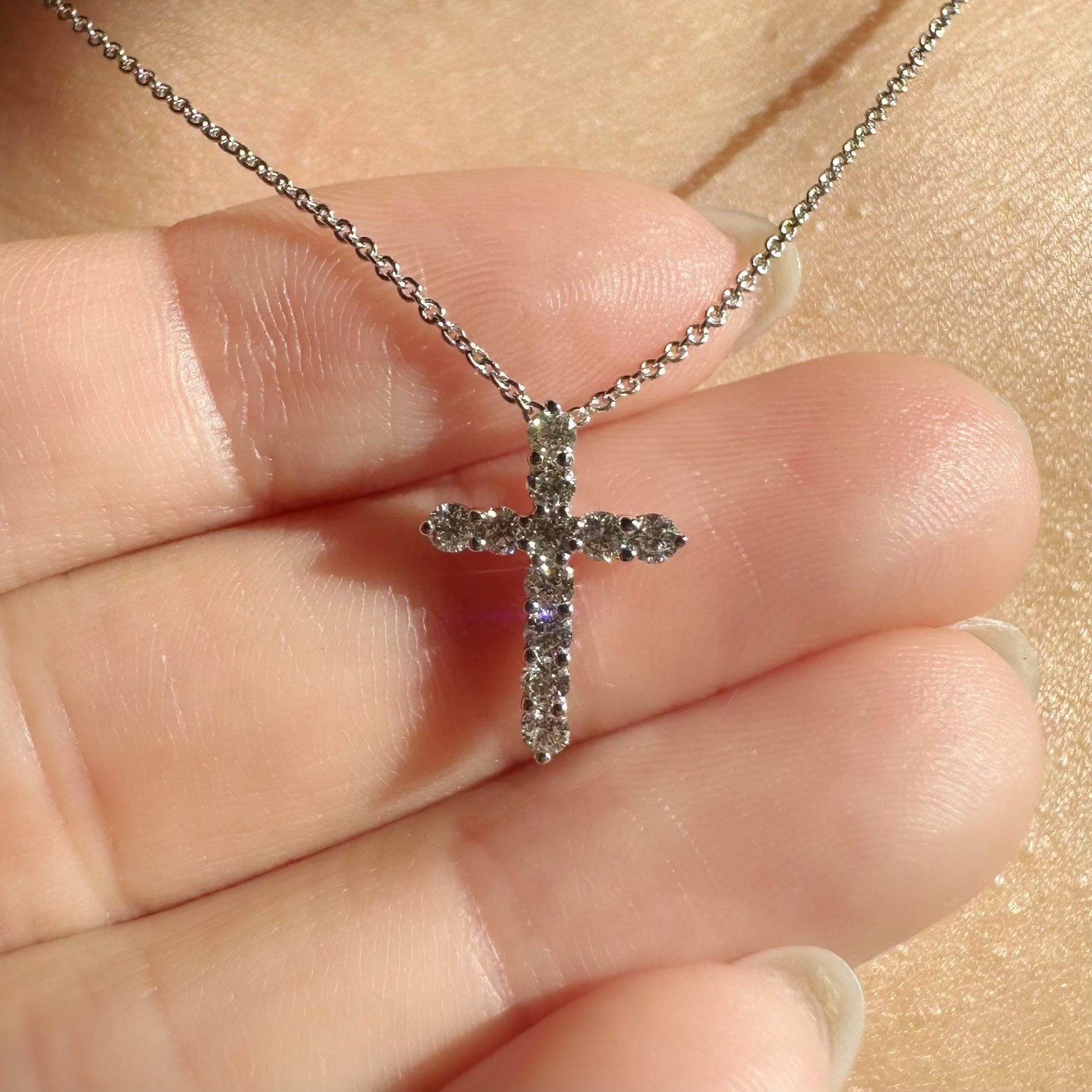 14K Solid Gold Genuine Round Diamond Cross Necklace