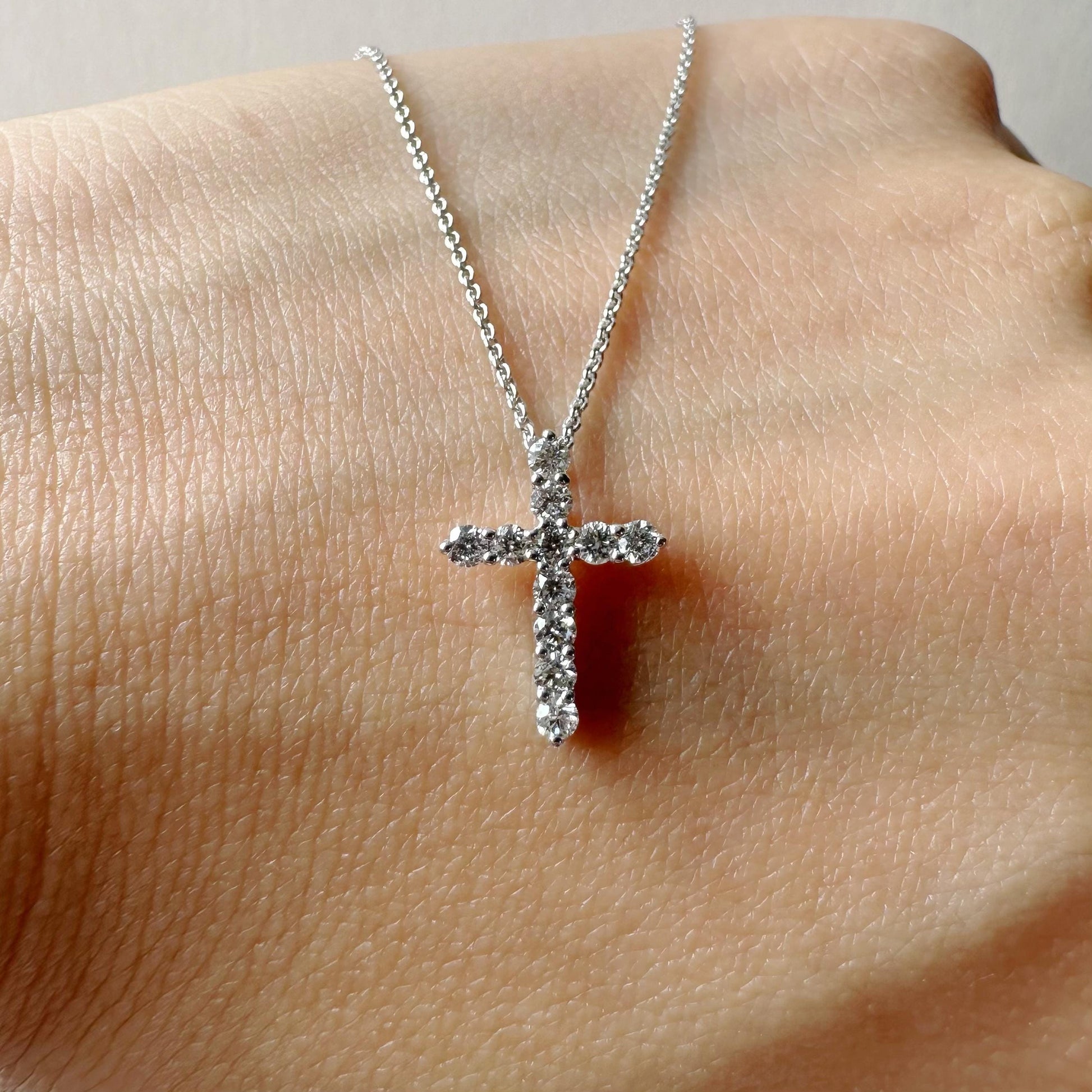14K Solid Gold Genuine Round Diamond Cross Necklace