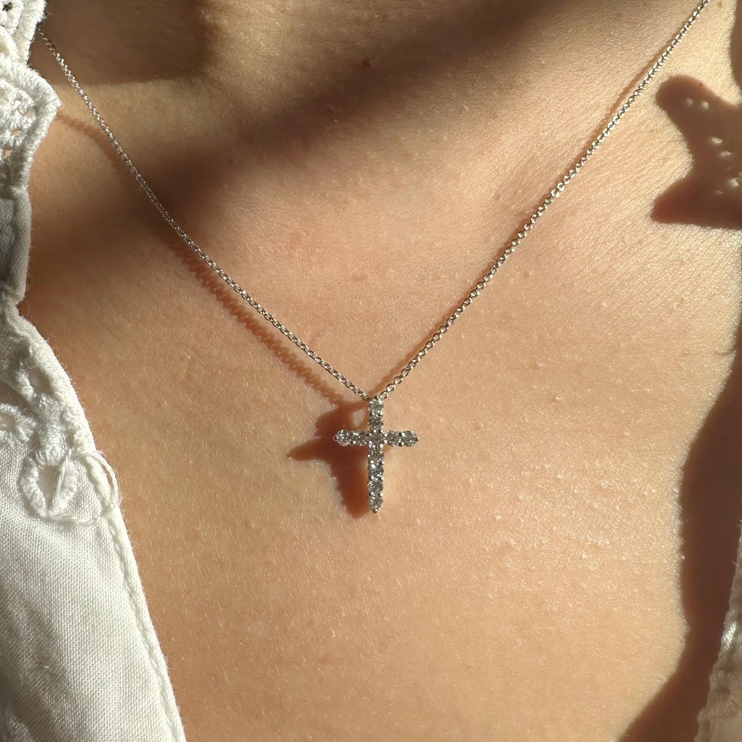 14K Solid Gold Genuine Round Diamond Cross Necklace