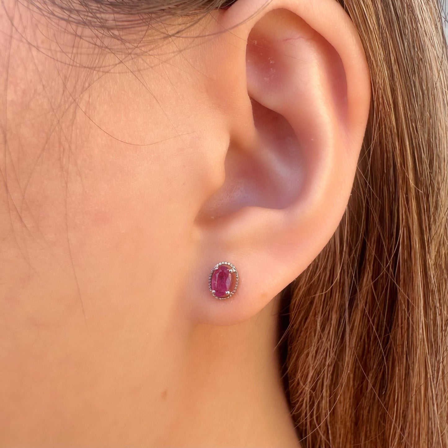 14K Solid White Gold Genuine Oval Ruby Fancy Studs/Pair