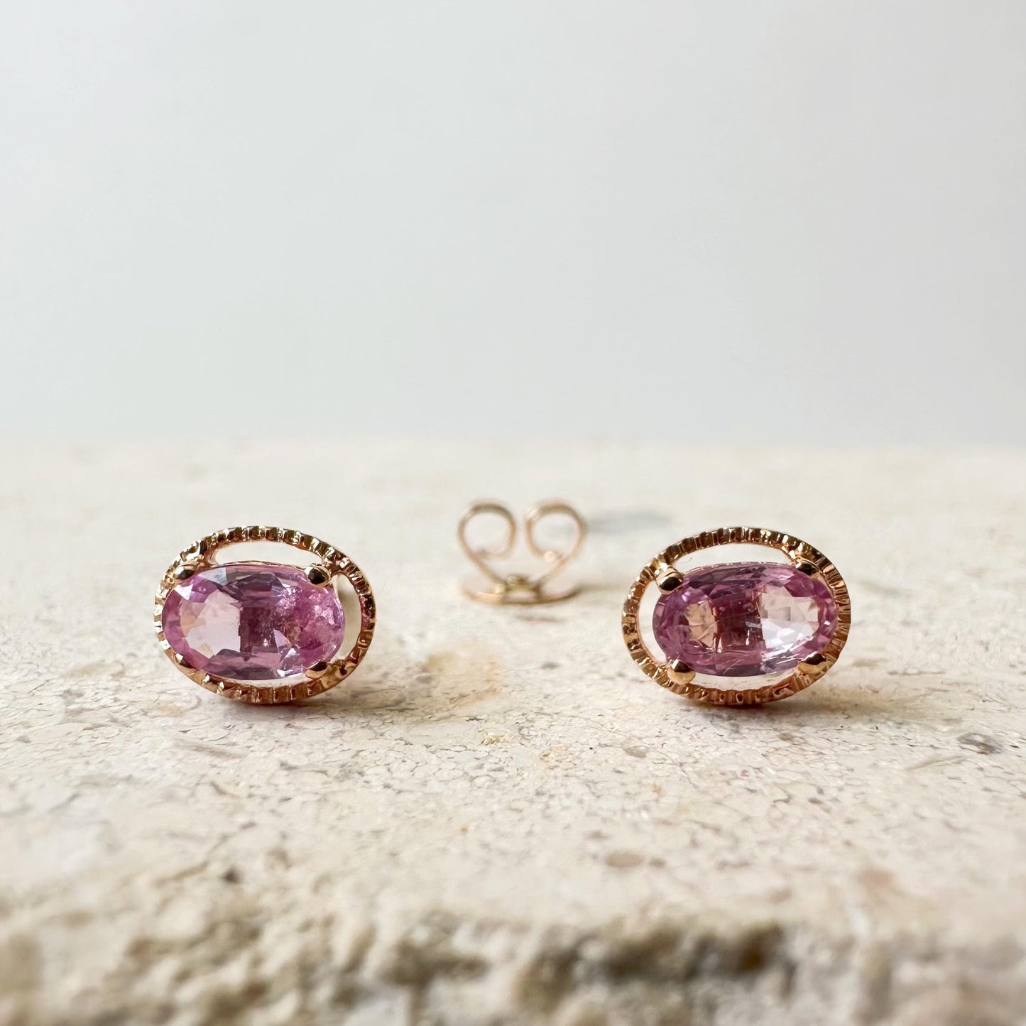 18K Solid Gold Genuine Oval Pink Sapphire Fancy Studs/Pair