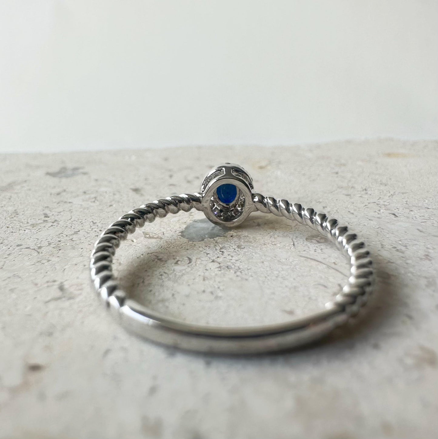 14K Solid White Gold Genuine Halo Sapphire and Diamond Rope Ring