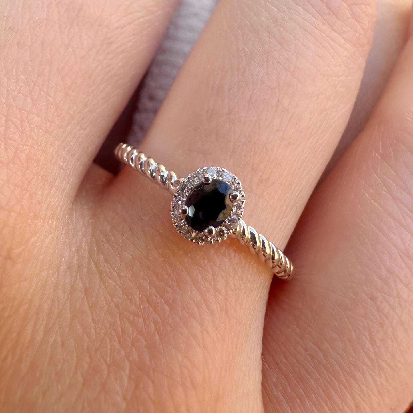 14K Solid White Gold Genuine Halo Sapphire and Diamond Rope Ring