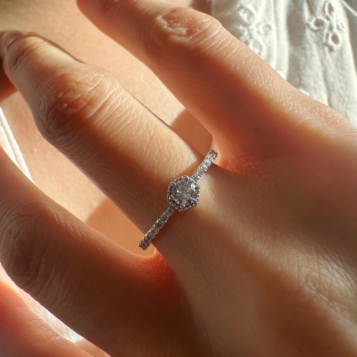 18K Solid White Gold Genuine Round Diamond Hexagon Ring