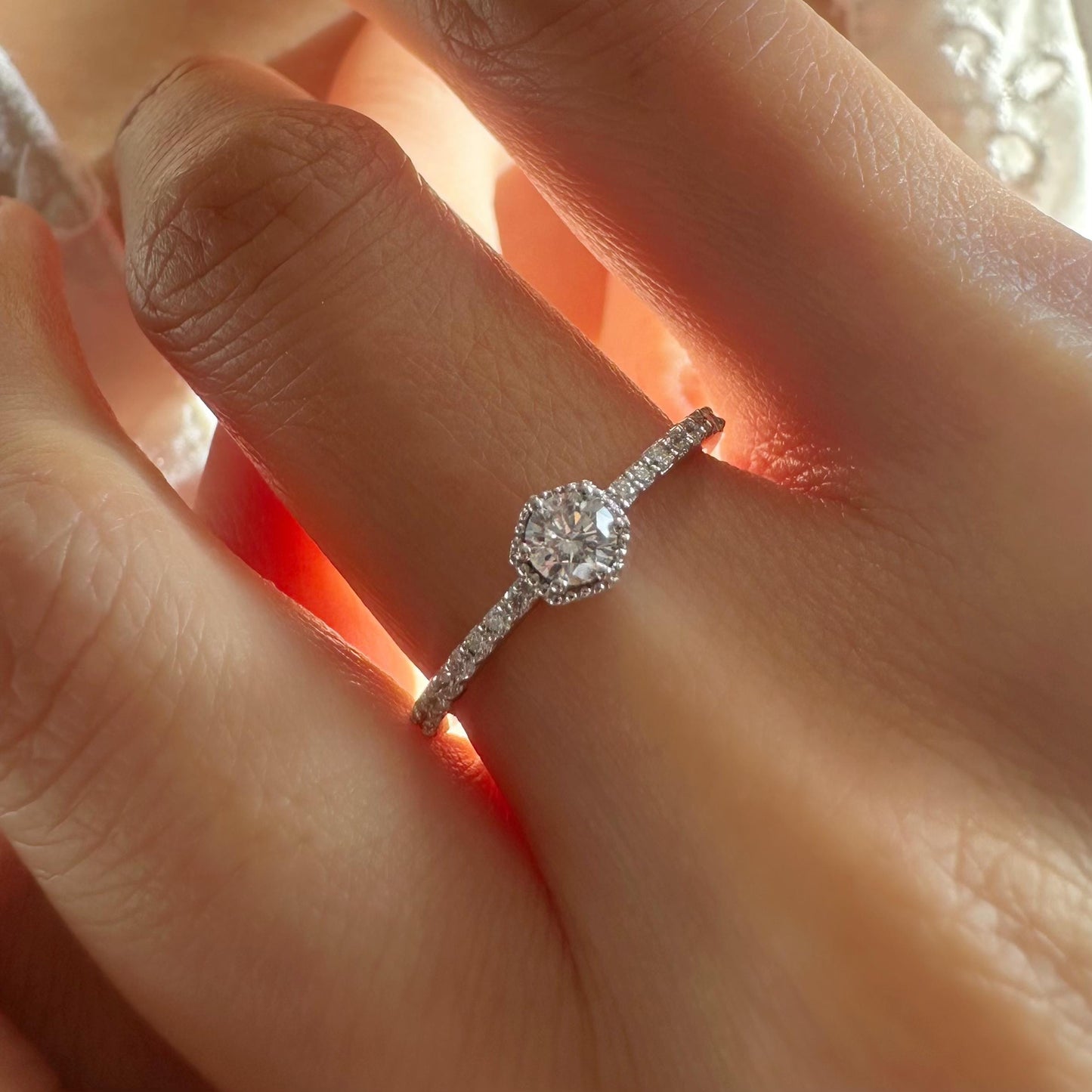 18K Solid White Gold Genuine Round Diamond Hexagon Ring
