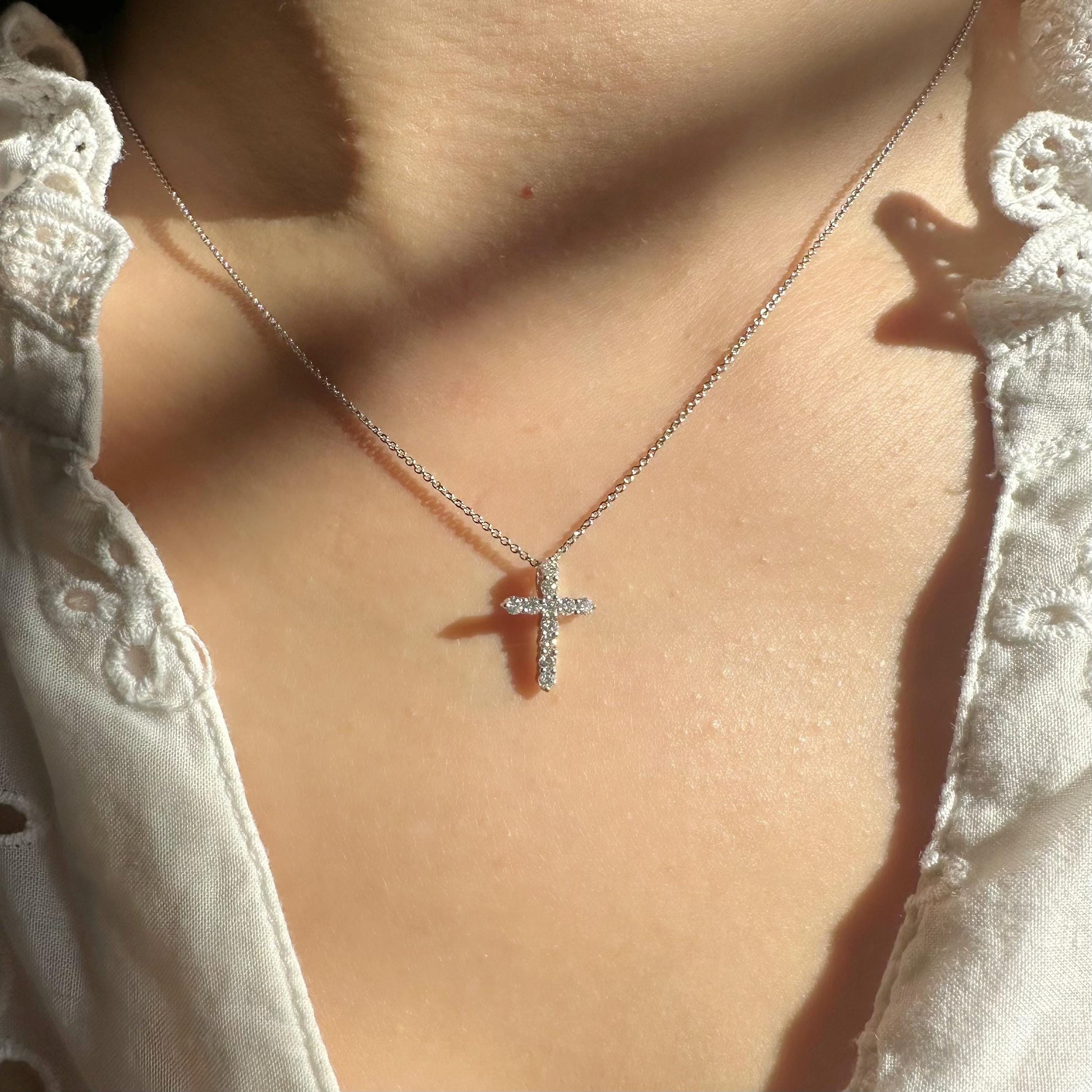 14K Solid Gold Genuine Round Diamond Cross Necklace