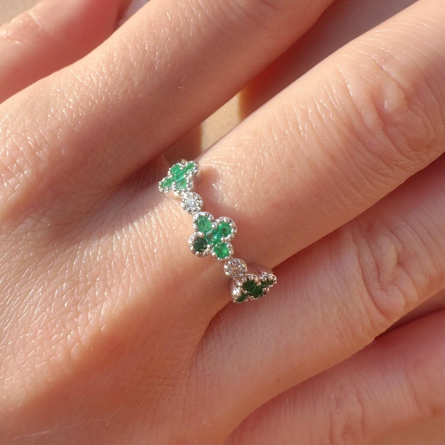 14K White Gold Emerald Clover Ring, Natural Diamond Accent