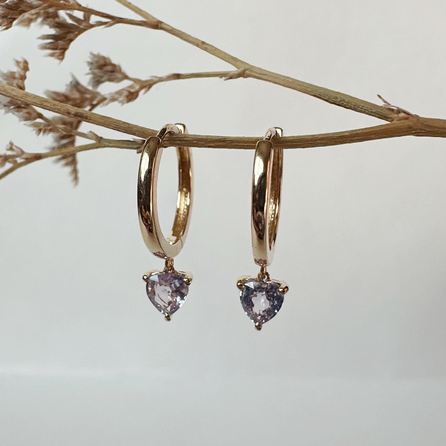 14K Solid Gold Genuine Lavender/Purple Sapphire Heart Huggies/Hoops/Pair