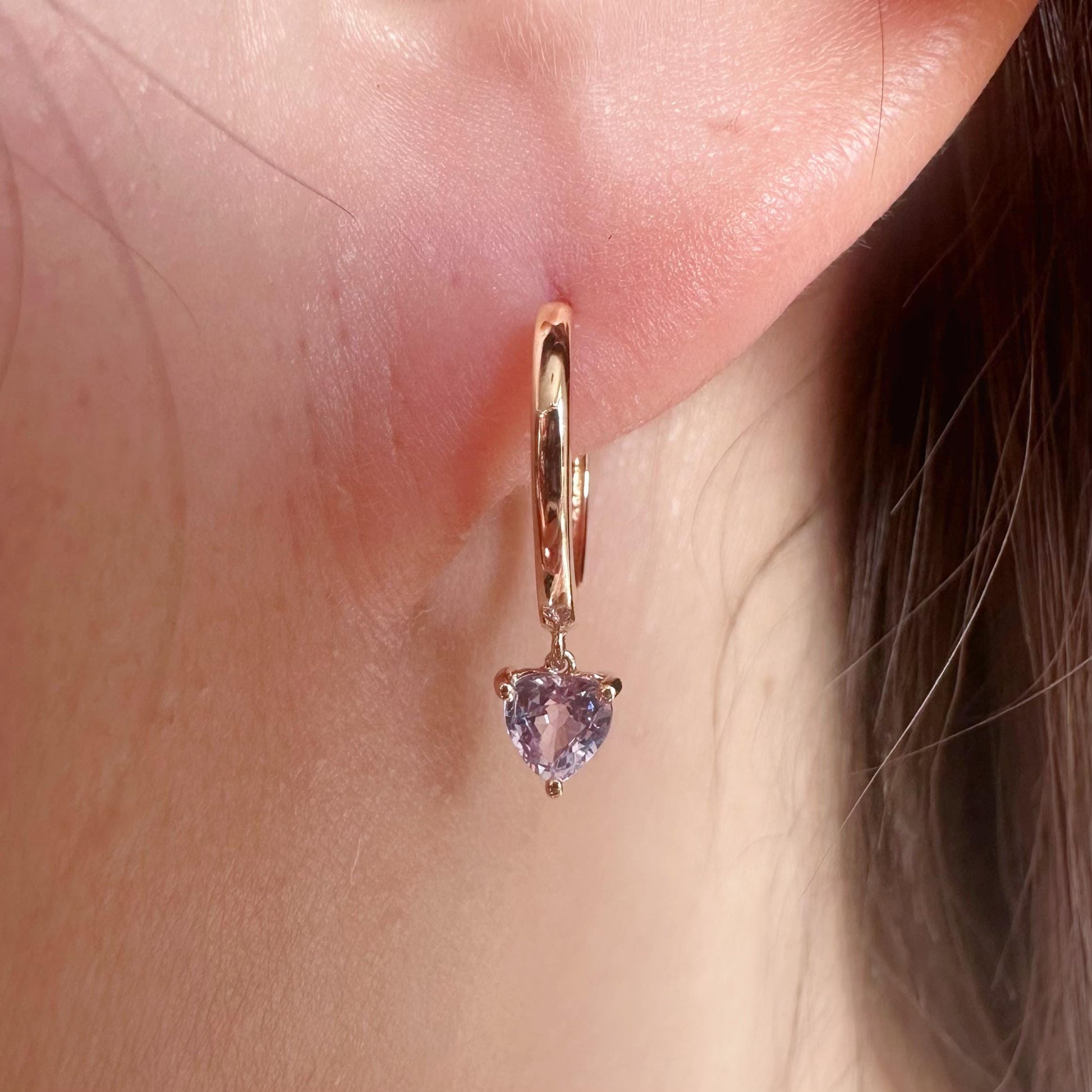 14K Solid Gold Genuine Lavender/Purple Sapphire Heart Huggies/Hoops/Pair