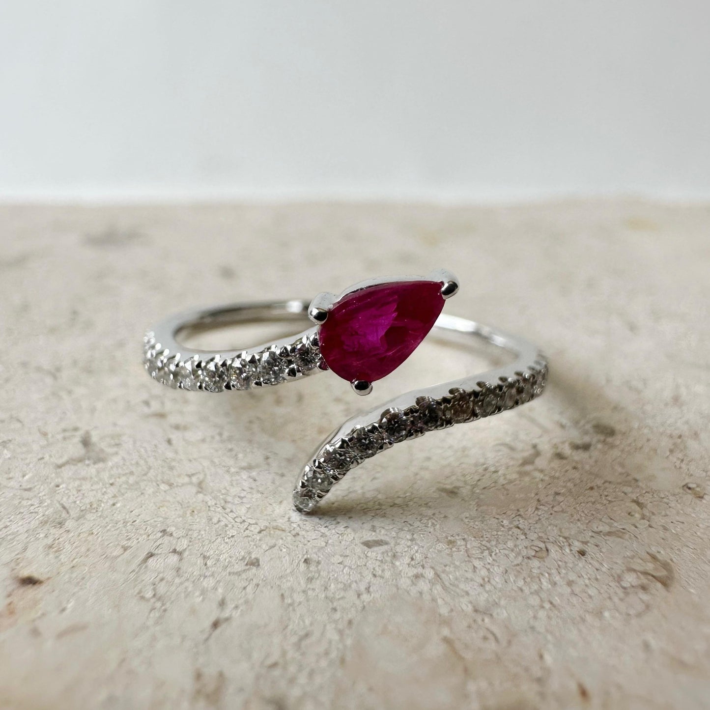 14K Solid White Gold Genuine Teardrop Ruby and Diamond Open Ring