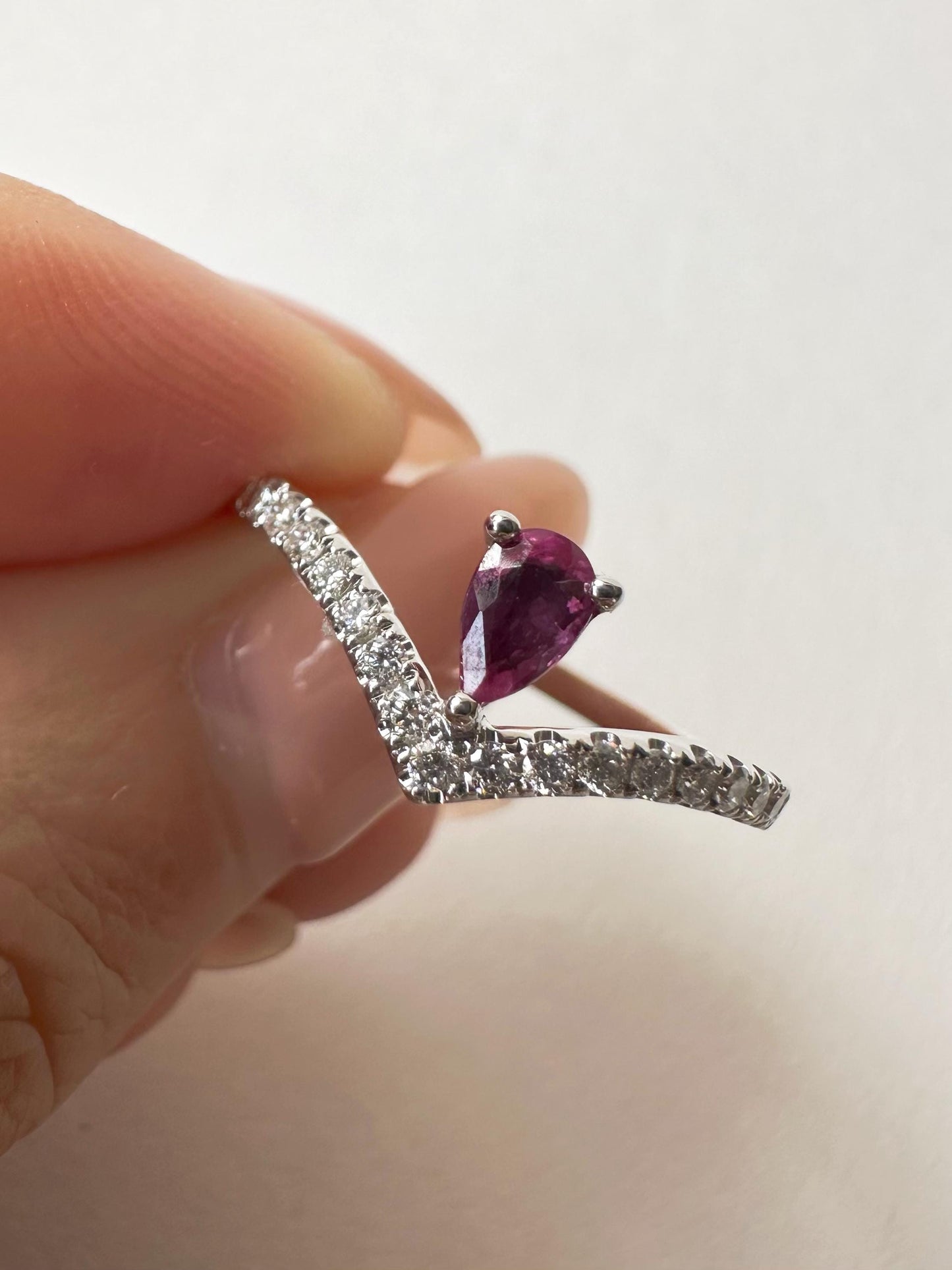 14K Solid White Gold Genuine Teardrop Ruby and Diamond Wishbone Ring