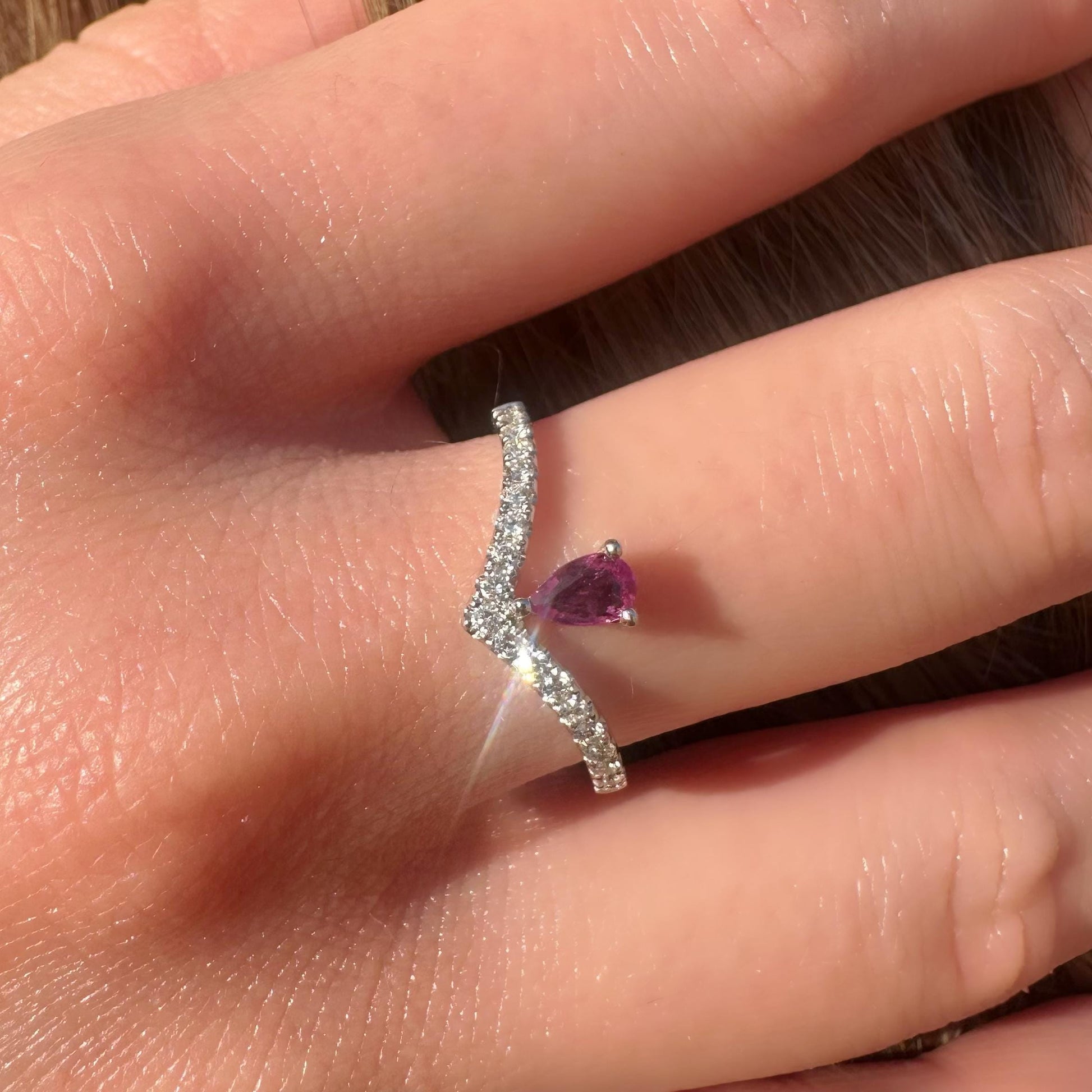 14K Solid White Gold Genuine Teardrop Ruby and Diamond Wishbone Ring