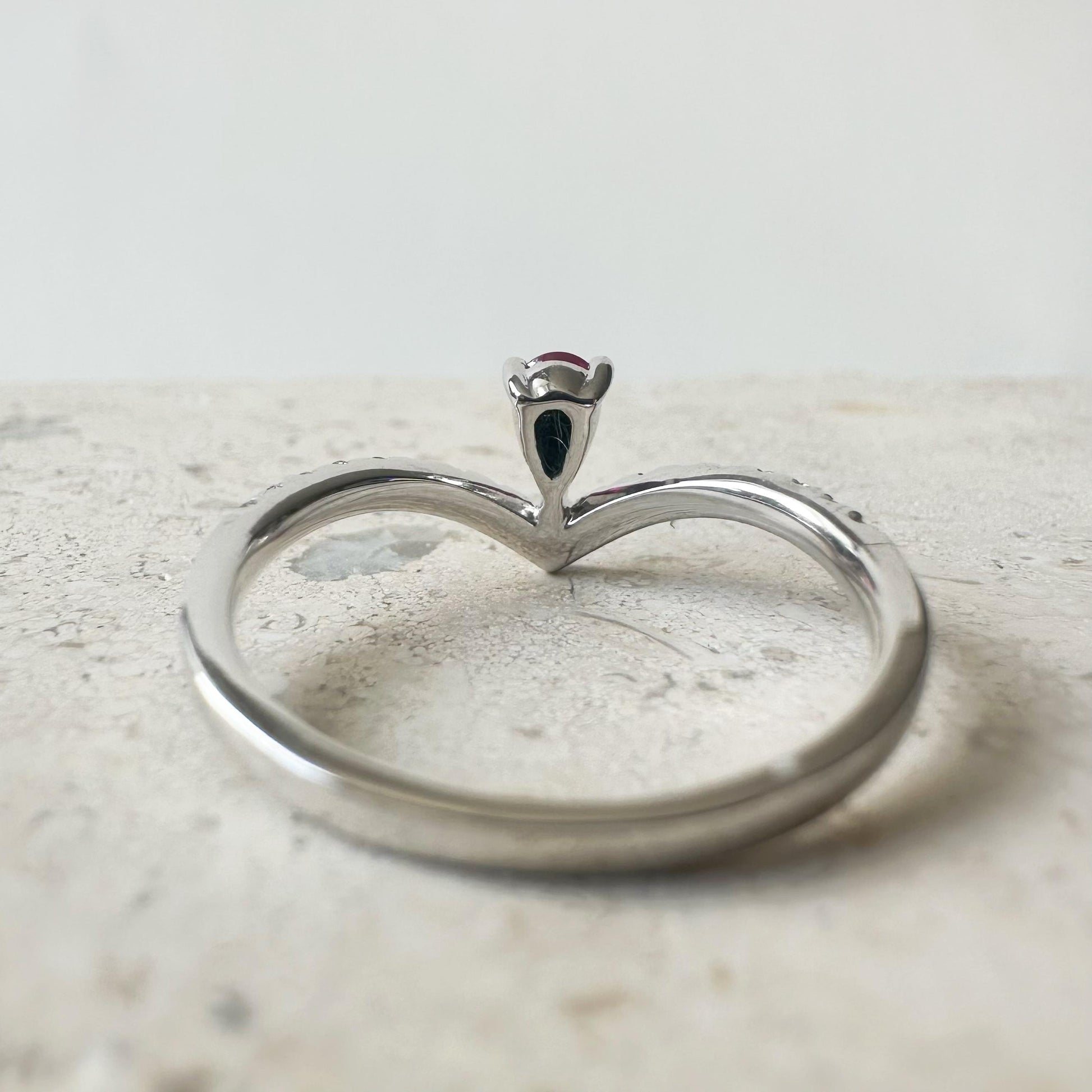 14K Solid White Gold Genuine Teardrop Ruby and Diamond Wishbone Ring