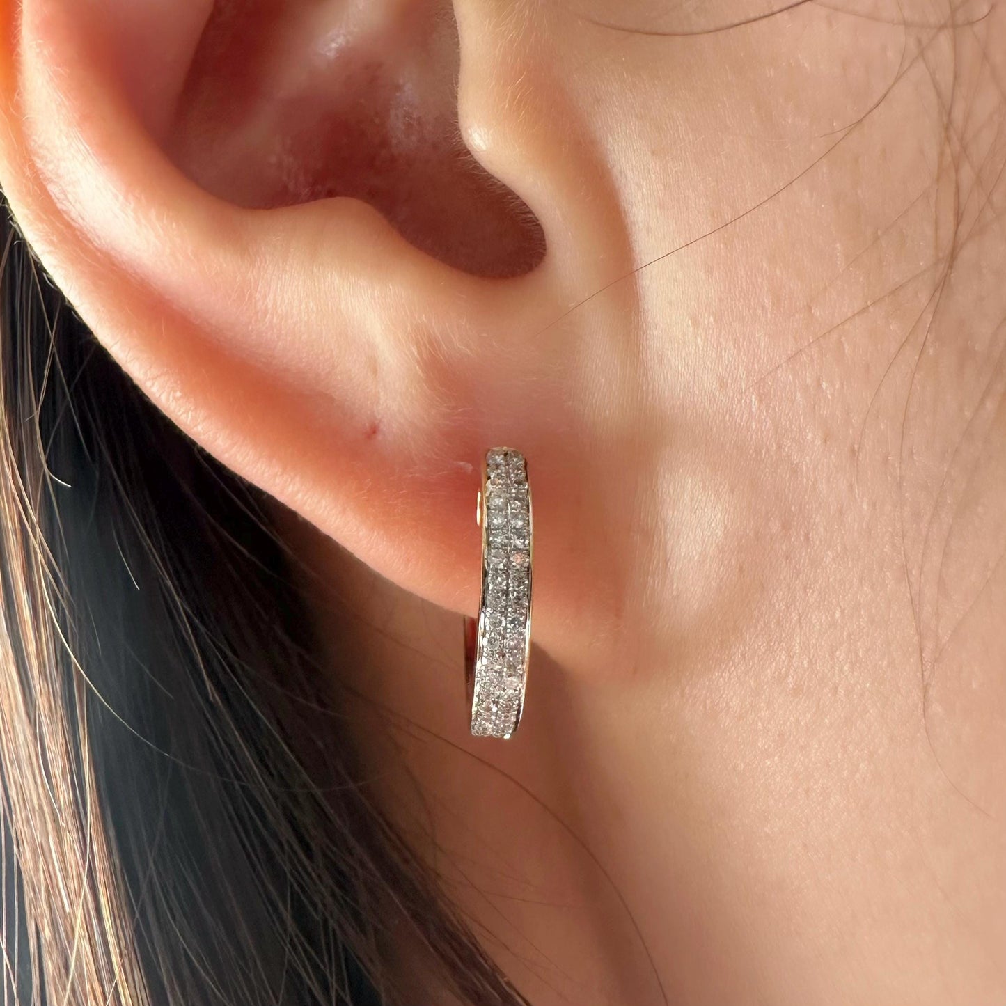 14K Solid Gold Genuine Diamond Pave Hoops/Huggies/Pair