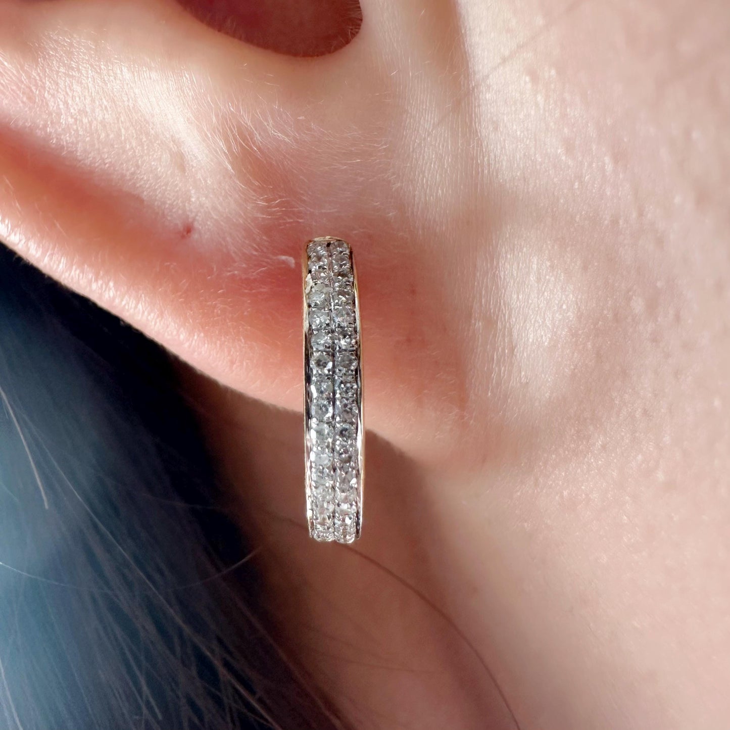 14K Solid Gold Genuine Diamond Pave Hoops/Huggies/Pair