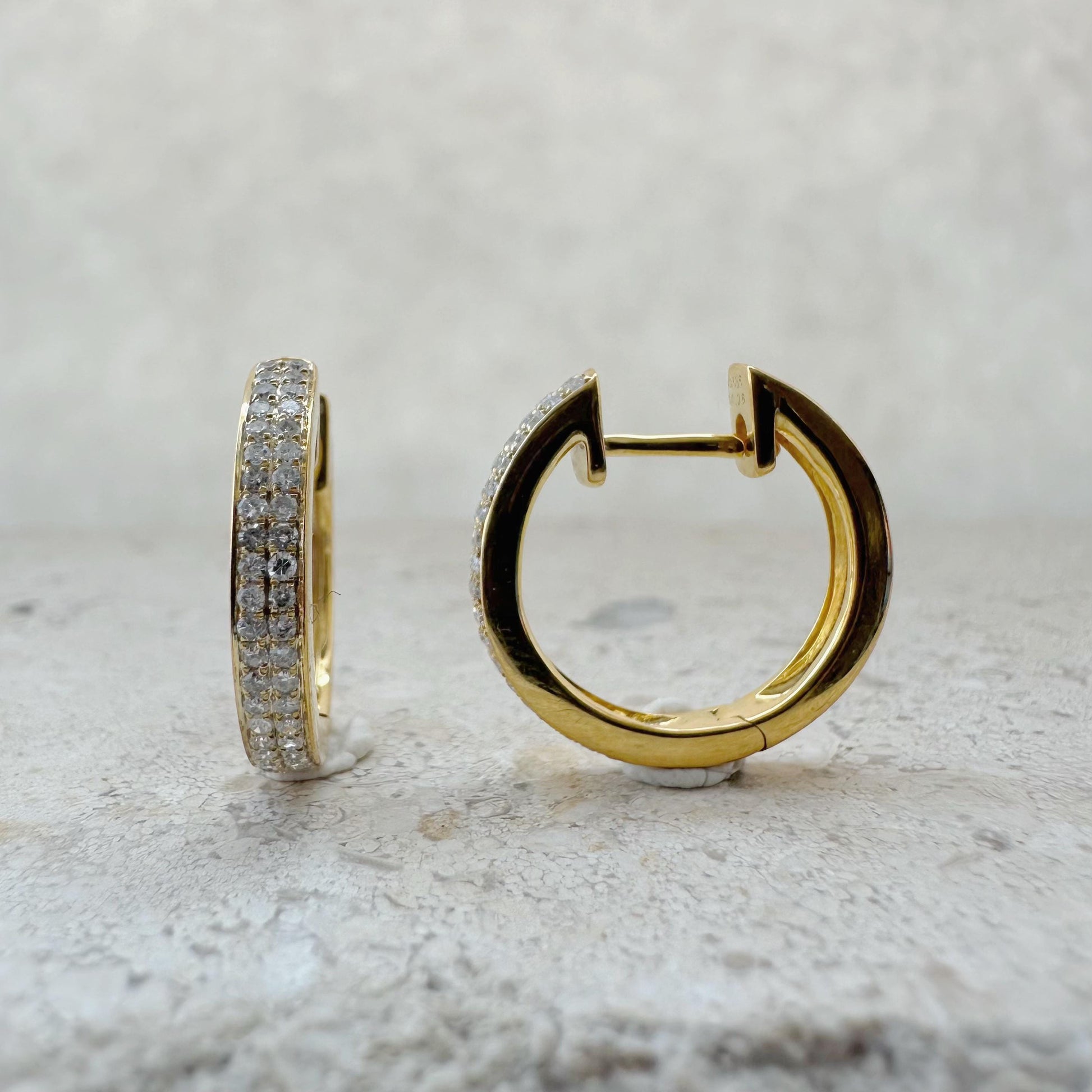 14K Solid Gold Genuine Diamond Pave Hoops/Huggies/Pair