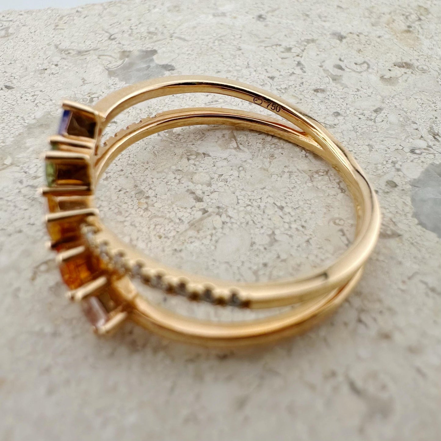 18K Solid Rose Gold Genuine Color Sapphire and Diamond Crossover Ring