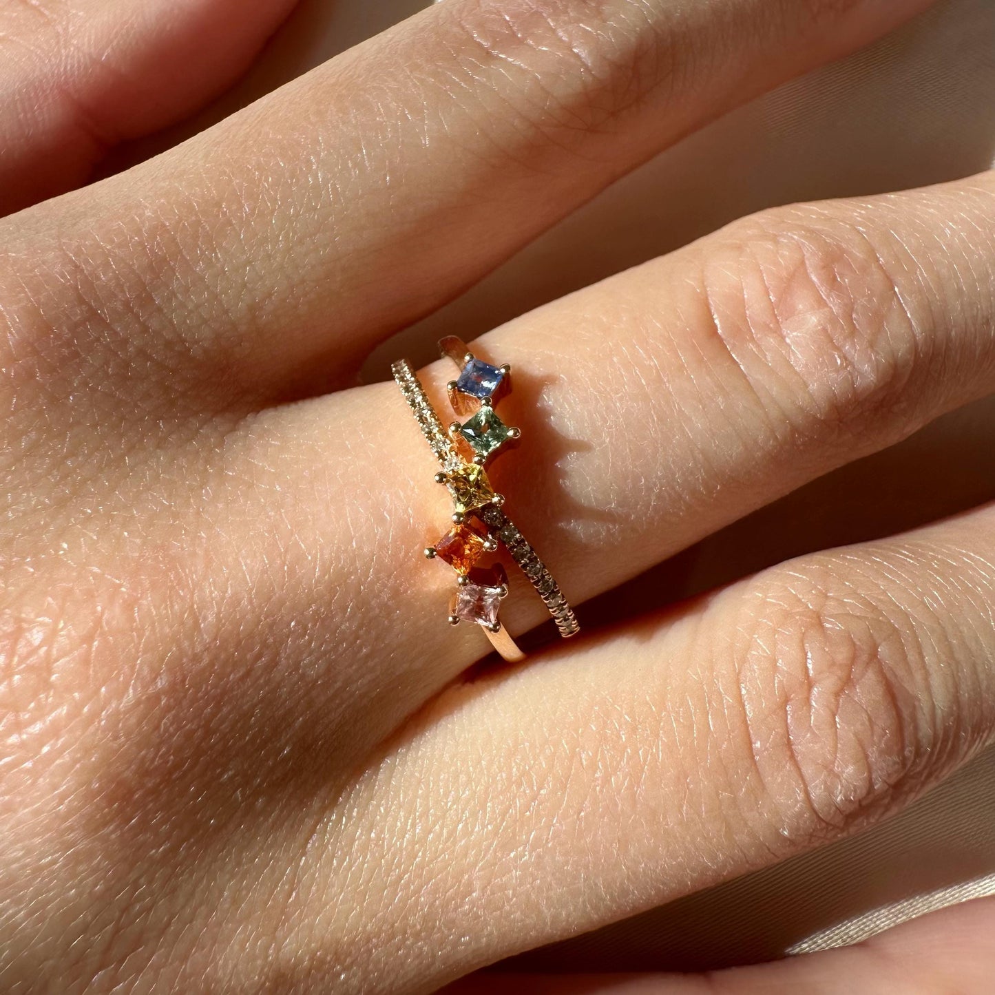 18K Solid Rose Gold Genuine Color Sapphire and Diamond Crossover Ring