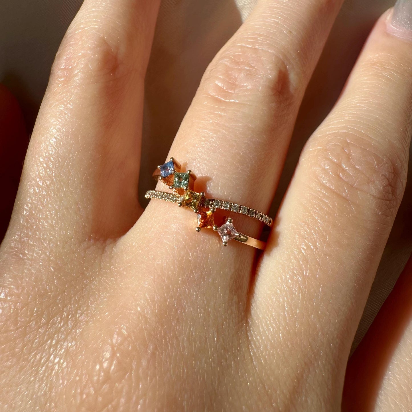 18K Solid Rose Gold Genuine Color Sapphire and Diamond Crossover Ring