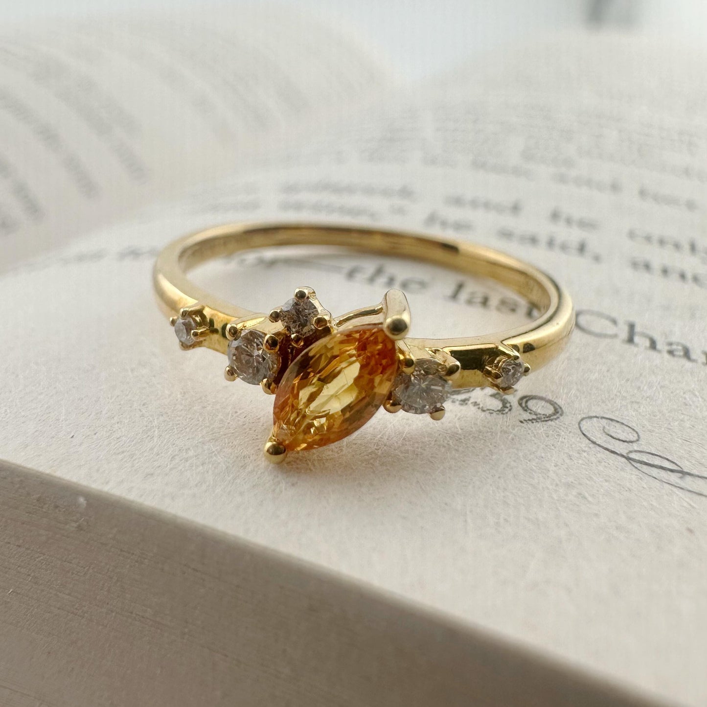 18K Solid Yellow Gold Genuine Yellow Sapphire and Diamond Ring