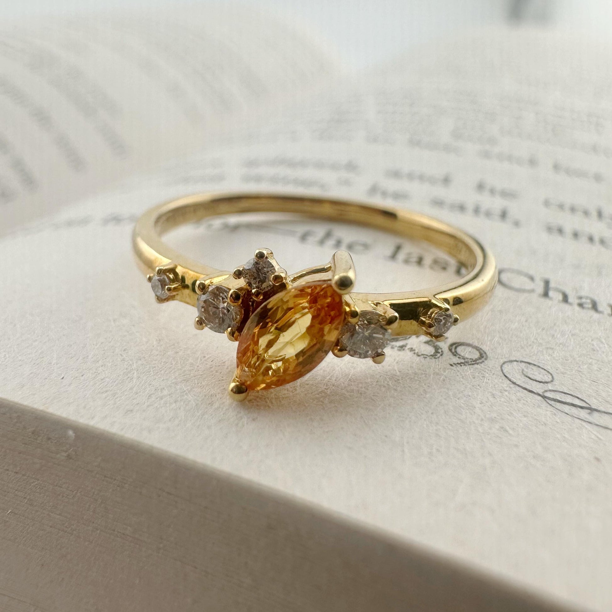 18K Solid Yellow Gold Genuine Yellow Sapphire and Diamond Ring