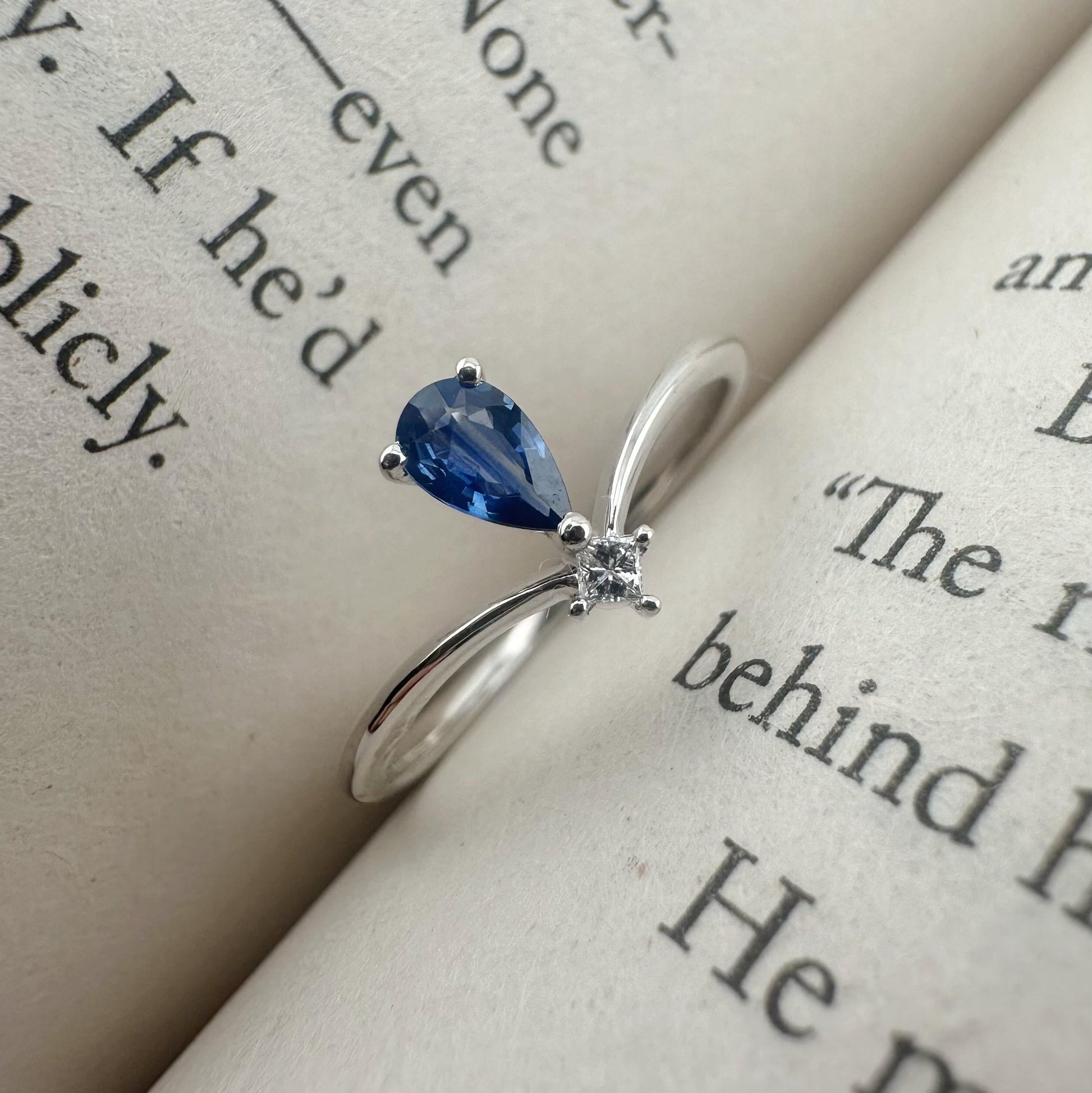18K Solid White Gold Genuine Sapphire and Diamond Teardrop Ring