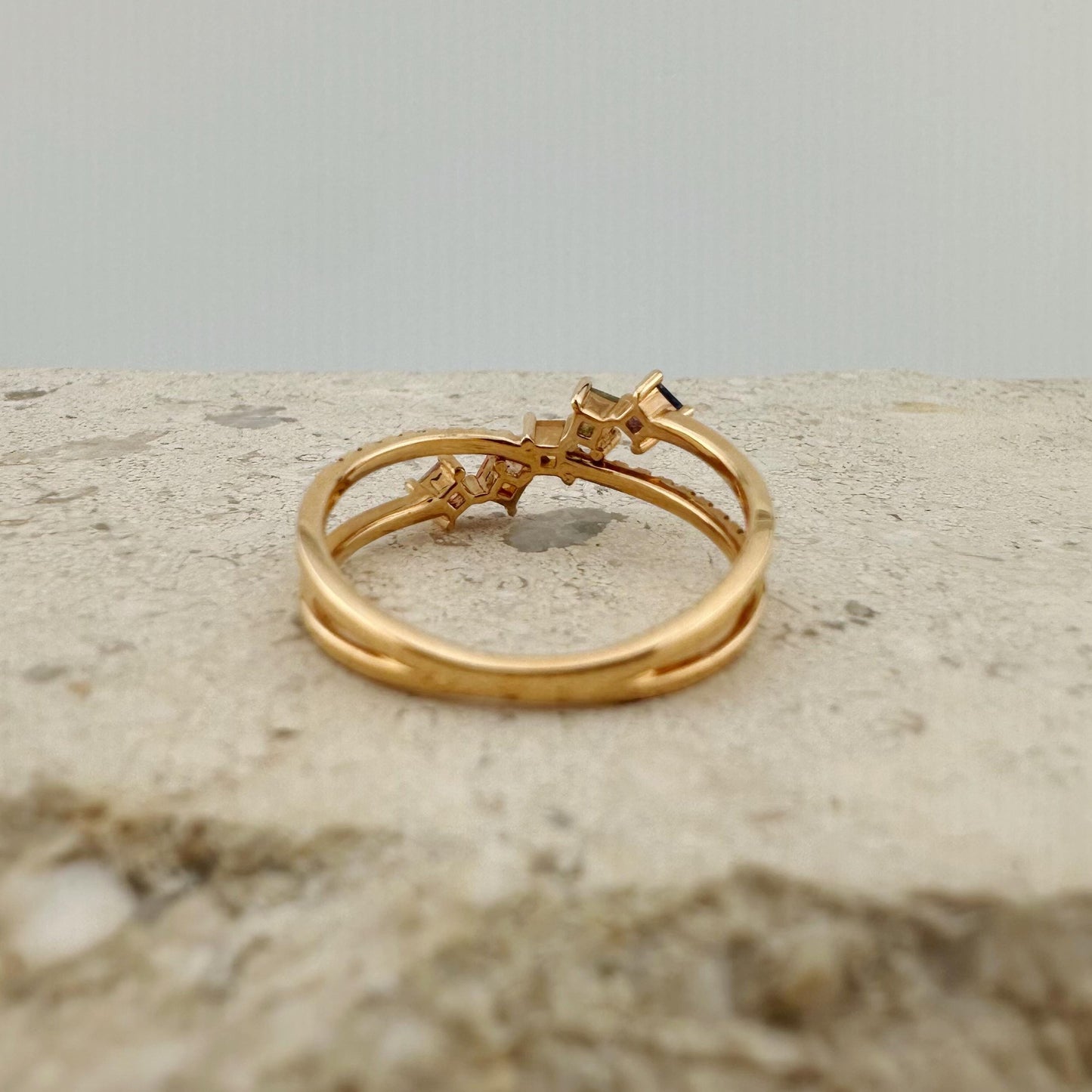 18K Solid Rose Gold Genuine Color Sapphire and Diamond Crossover Ring