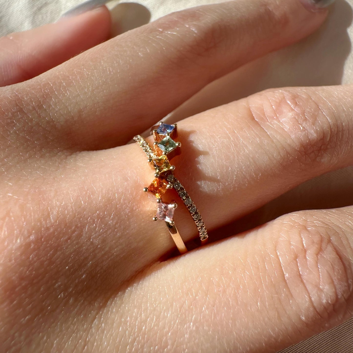 18K Solid Rose Gold Genuine Color Sapphire and Diamond Crossover Ring