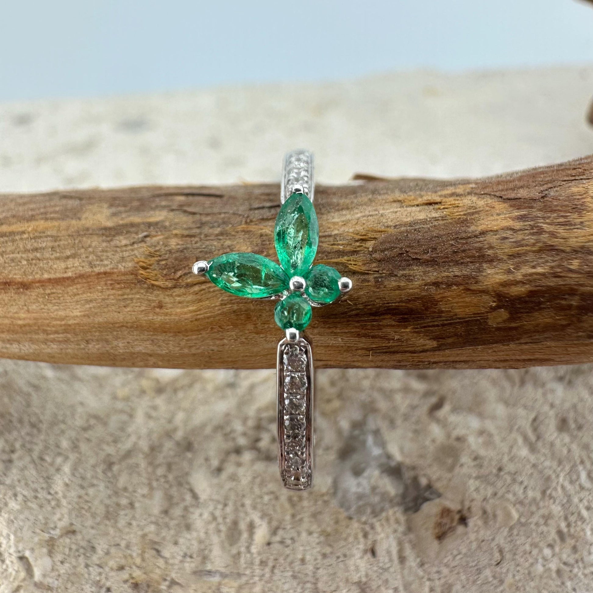 18K Solid White Gold Genuine Emerald and Diamond Butterfly Ring