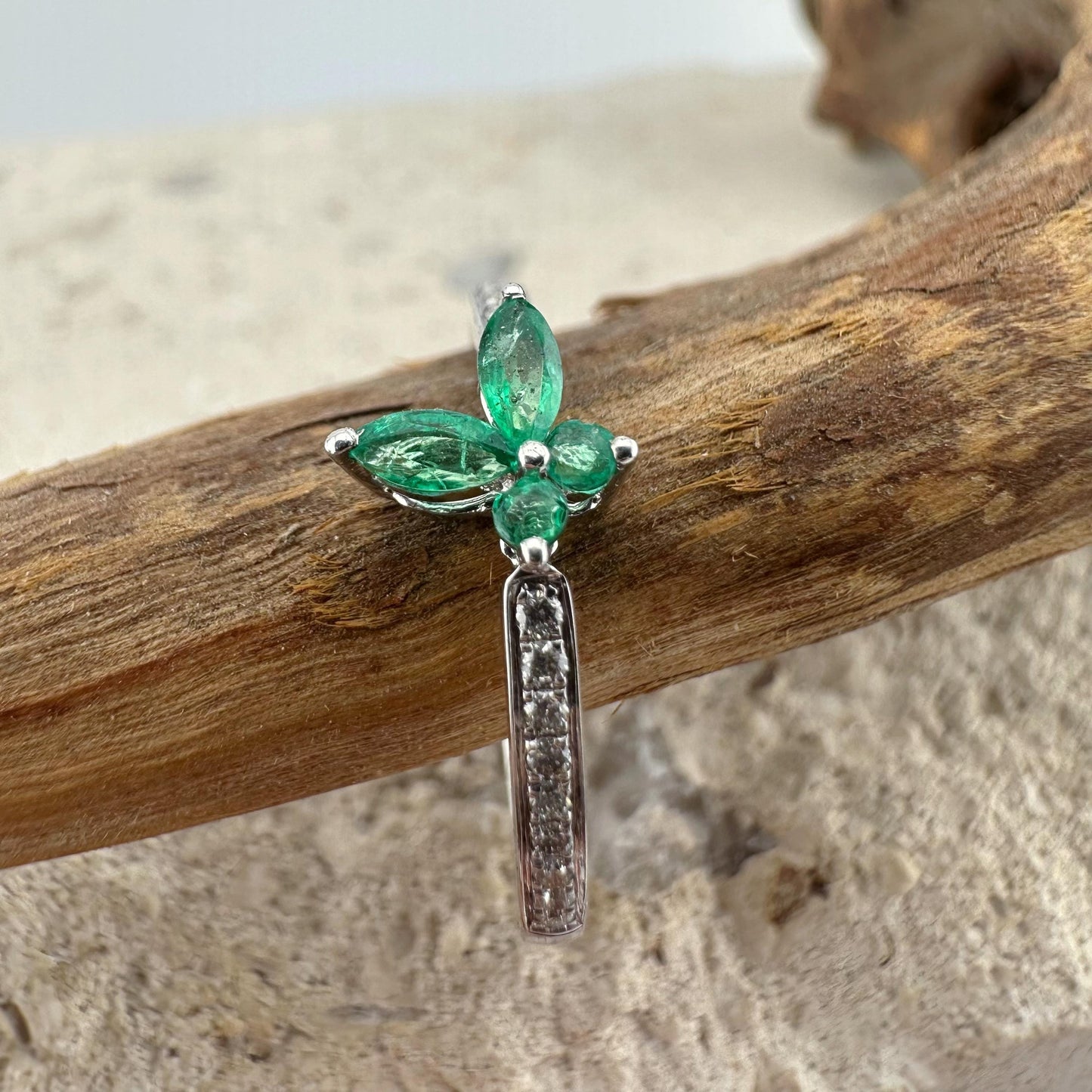 18K Solid White Gold Genuine Emerald and Diamond Butterfly Ring