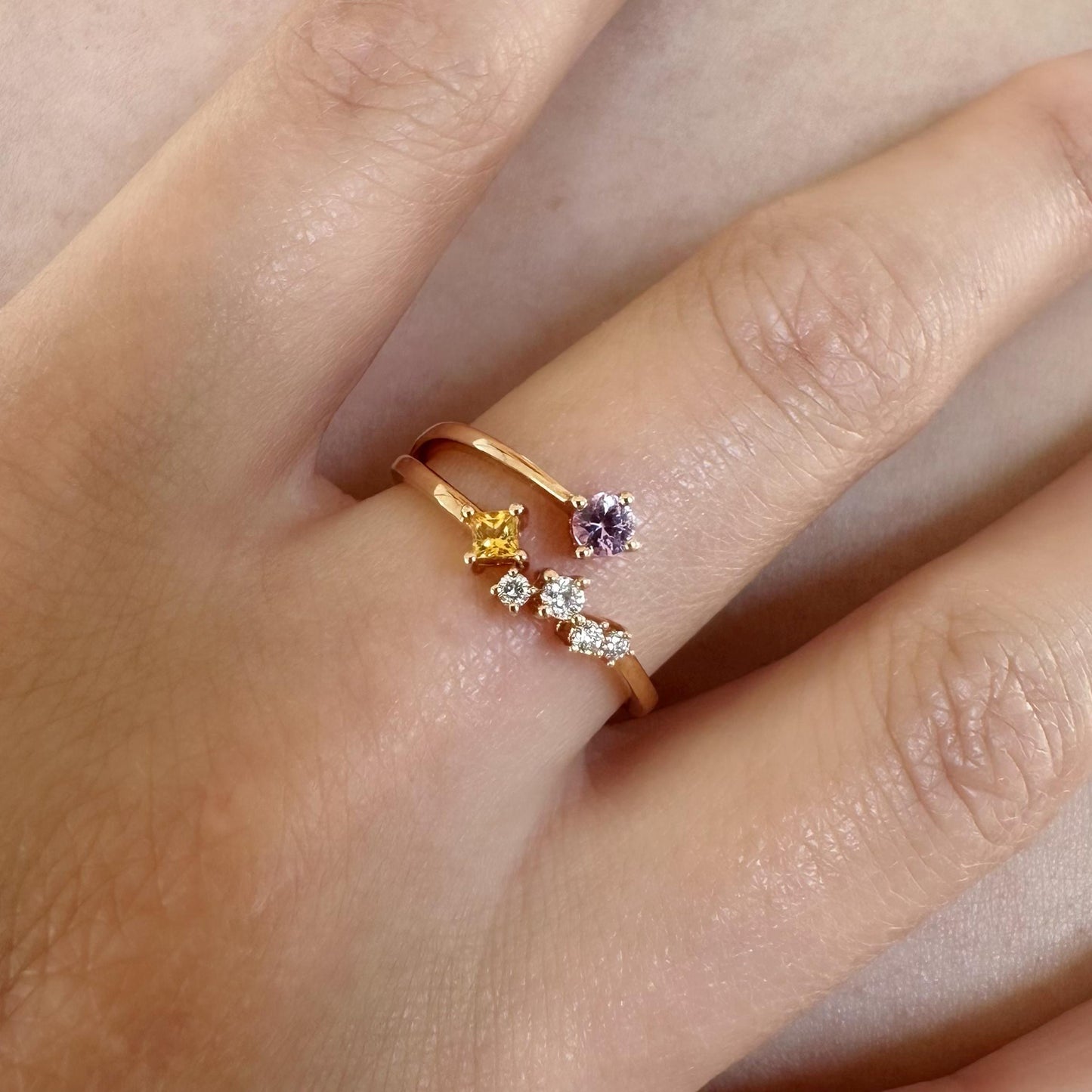 18K Solid Rose Gold Genuine Pink and Yellow Sapphire Diamond Cluster Ring