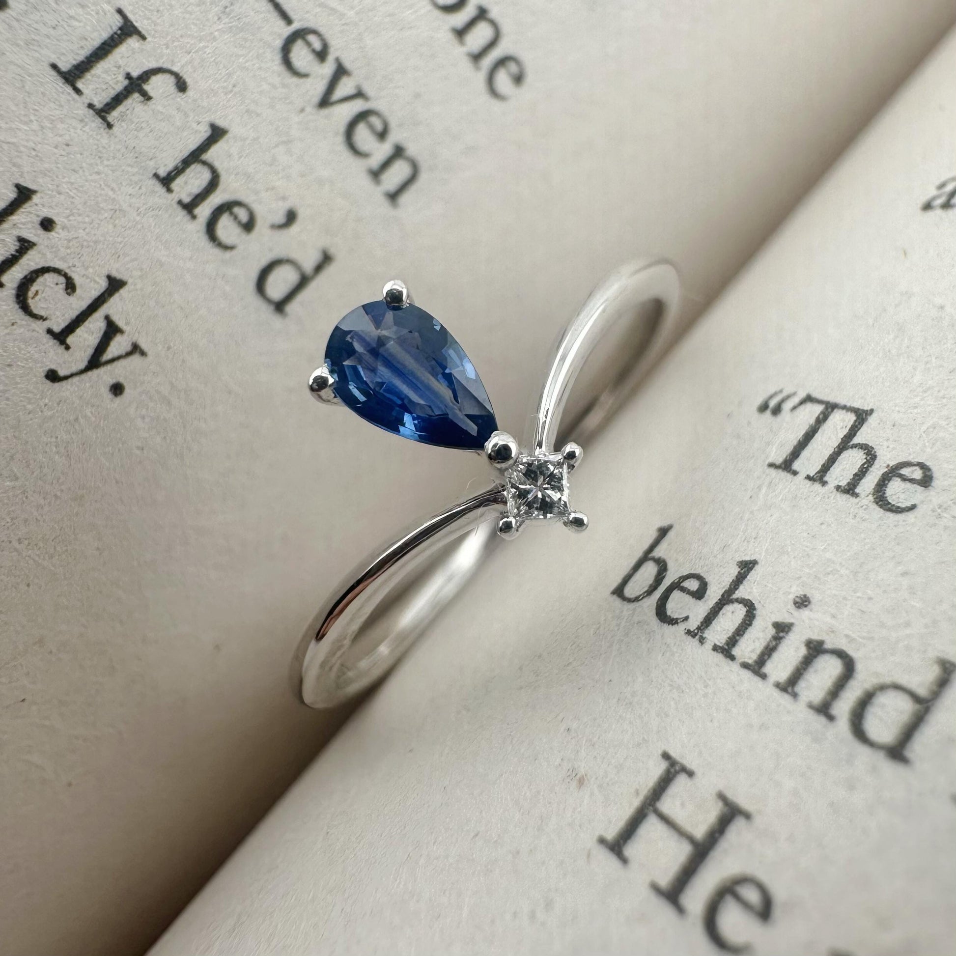 18K Solid White Gold Genuine Sapphire and Diamond Teardrop Ring