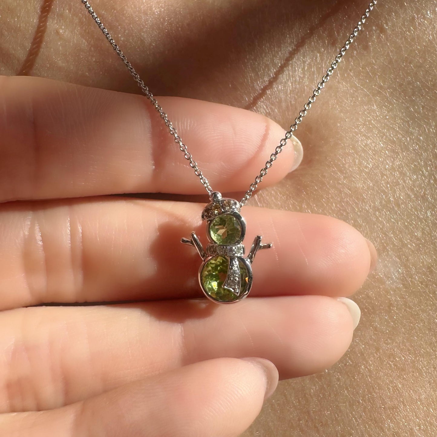 14K Solid Gold Genuine Peridot Snowman Pendant