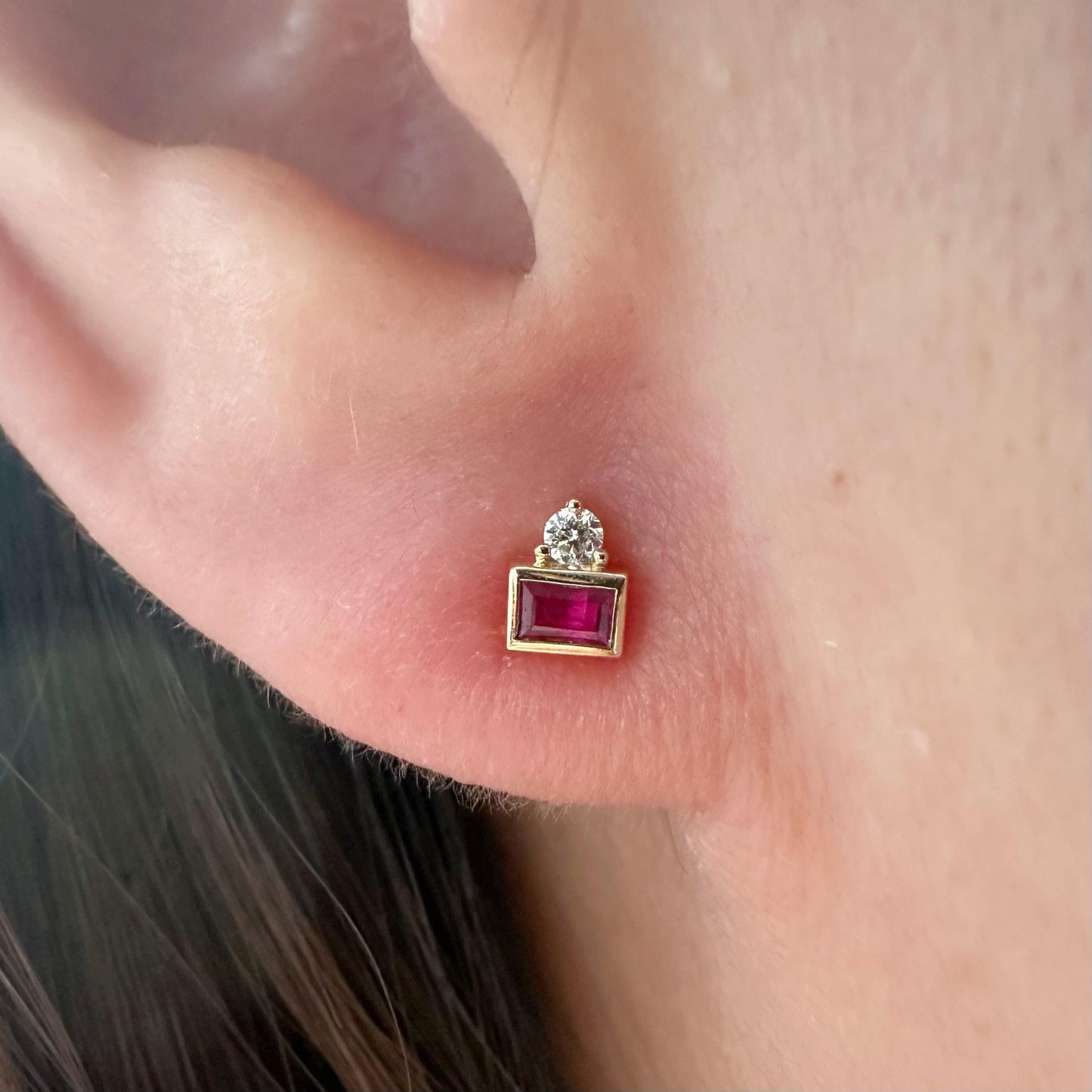 14K Solid Gold Genuine Baguette Ruby and Diamond Stacked Studs/Pair