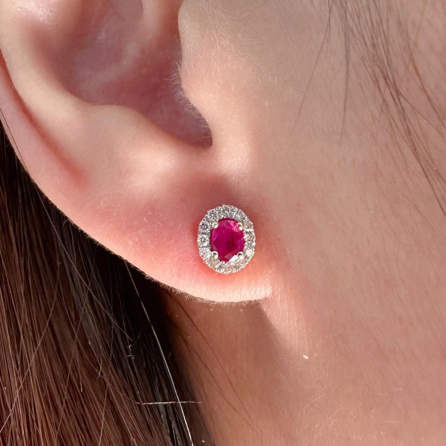 14K Solid Gold Ruby and Diamond Halo Studs