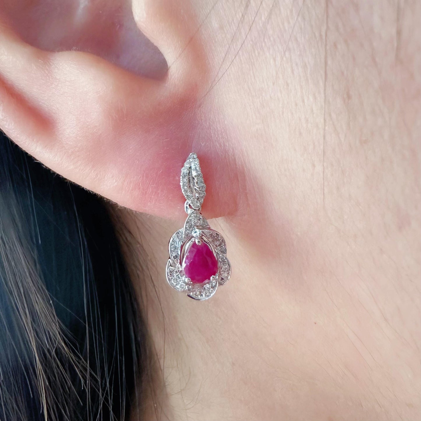 14K Solid White Gold Genuine Diamond and Teardrop Ruby Dangle Earrings