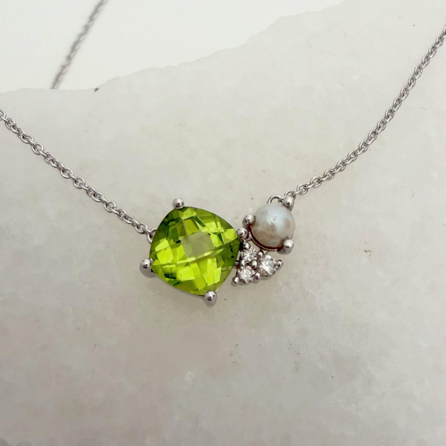 14K Solid Gold Genuine Peridot, Pearl and Diamond Cluster Necklace