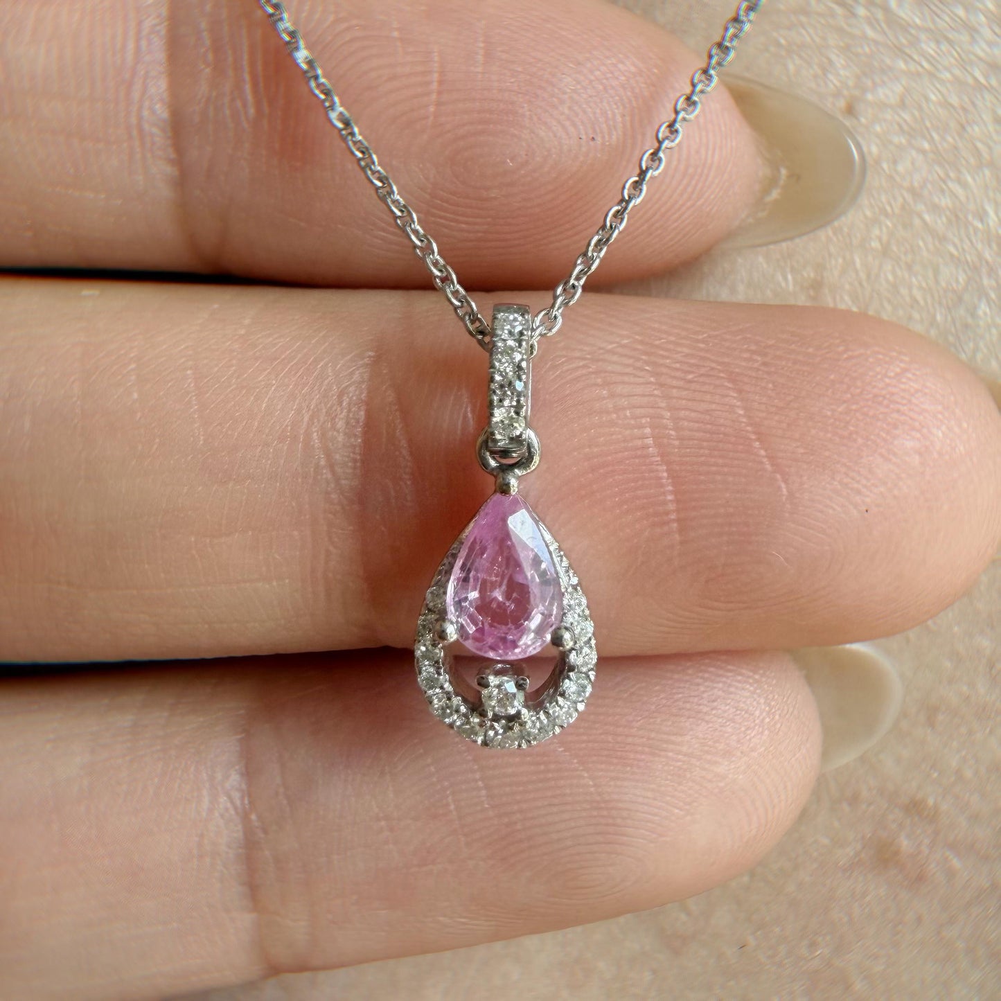 18K Solid Gold Genuine Diamond and Teardrop/Pear Pink Sapphire Pendant
