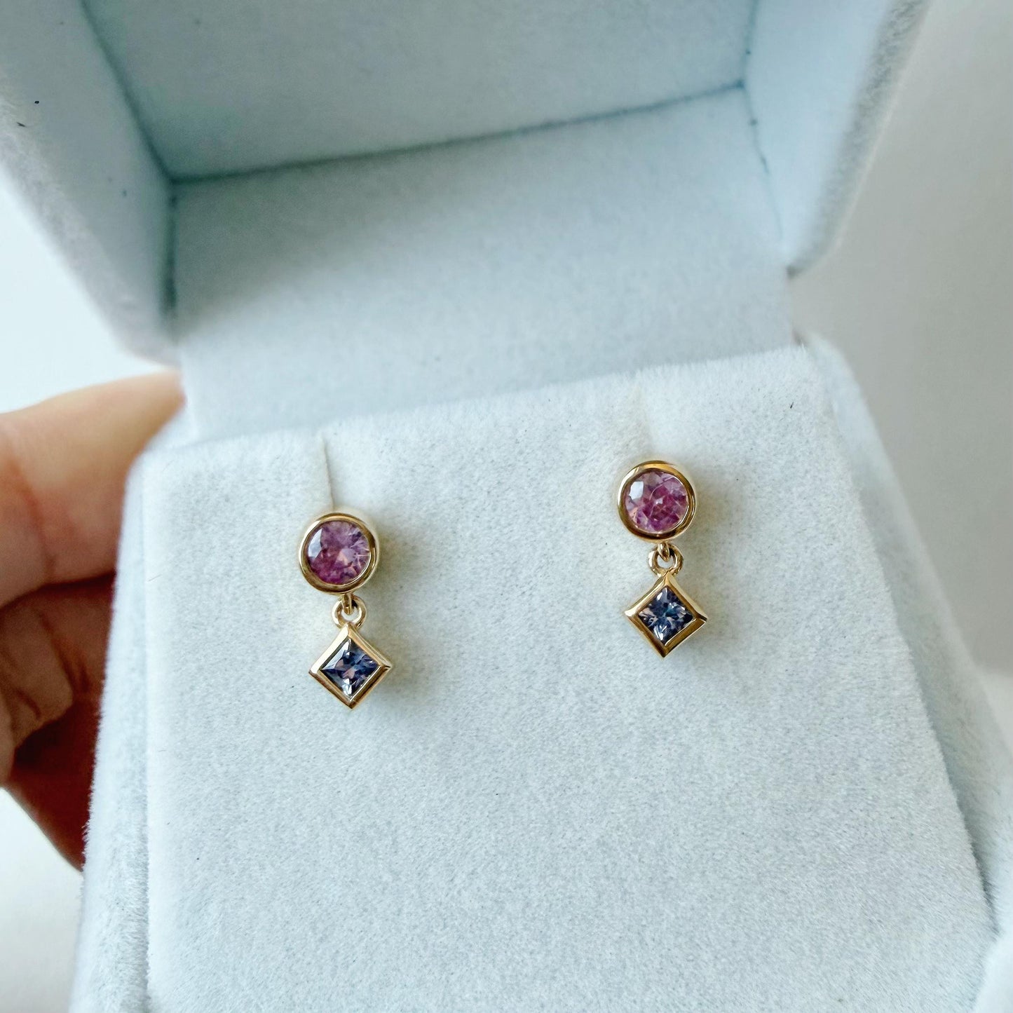 14K Solid Gold Genuine Pink & Lavender Sapphire Bezel Dangle Earrings