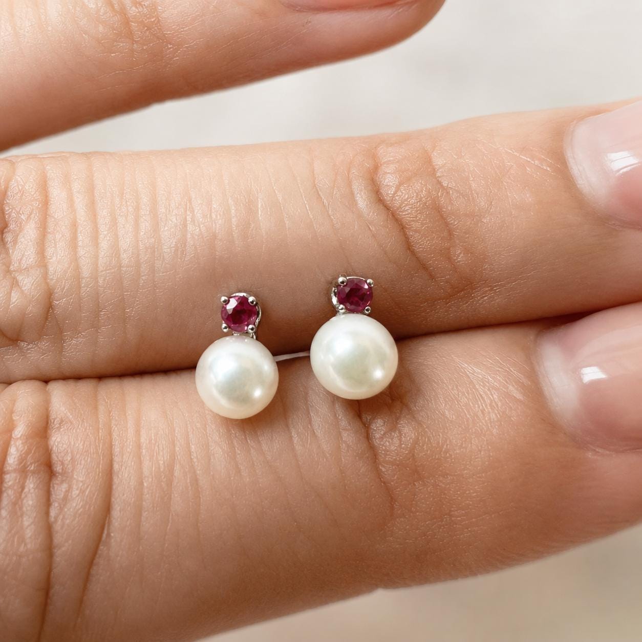 14K Solid Gold Genuine Akoya Pearl and Ruby Studs/Pair