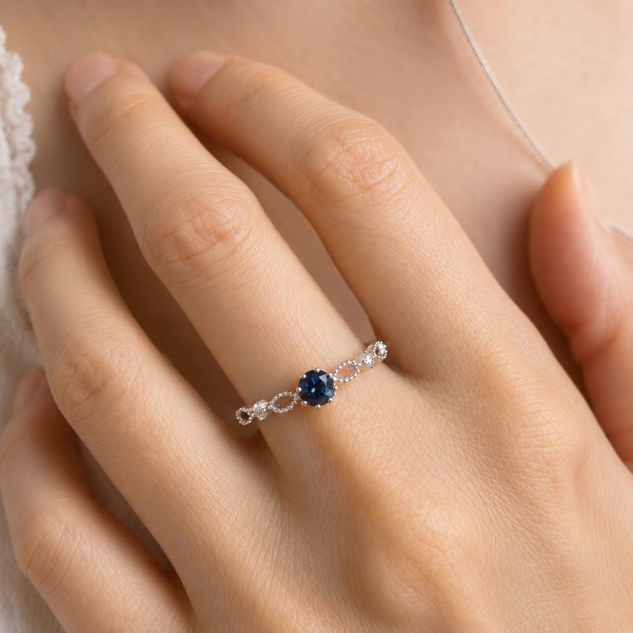 Sapphire Diamond Ring, 18K Solid White Gold Beaded Ring, Genuine Blue Sapphire Engagement Ring, September Birthstone Gift