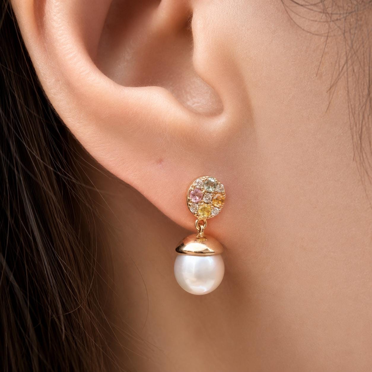 18K Rose Gold Akoya Pearl Earrings | Natural Pearl Diamond & Multi Color Sapphire Drop Earrings | Genuine Pearl Dangle Earrings
