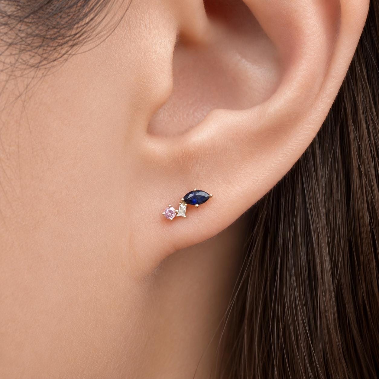 14K Solid Gold Natural Sapphire Stud Earrings, Diamond & Pink Sapphire Earrings, Marquise Sapphire Studs, September Birthstone Gift for Her