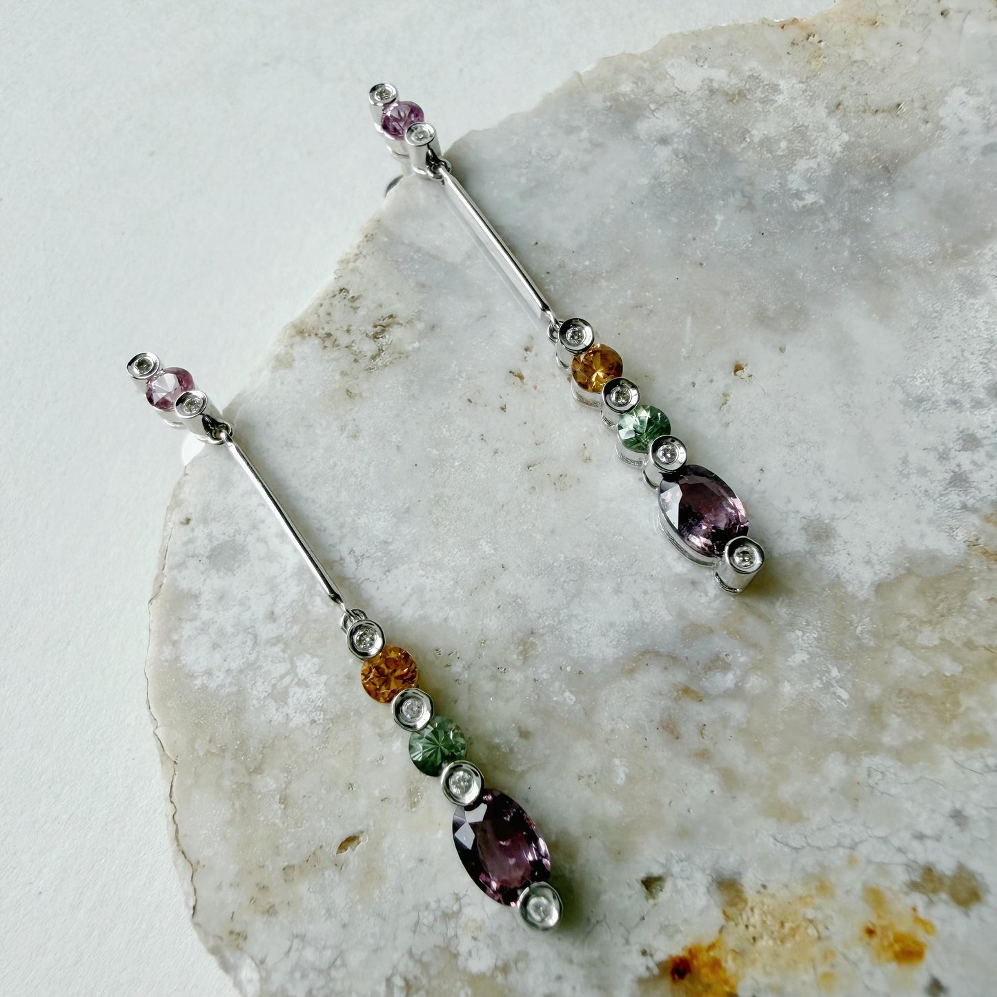 18K Solid White Gold Rainbow Sapphire and Diamond Drop Earrings | Natural Multi Sapphire Dangle Earrings | Luxury Gemstone Earrings