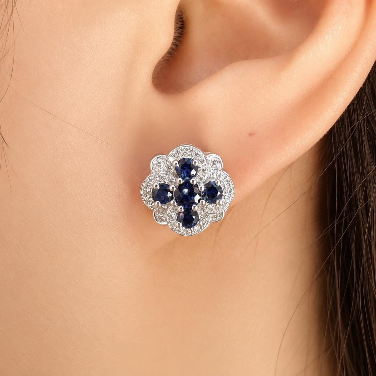 Natural Sapphire Diamond Halo Stud Earrings, 14K White Gold, Genuine Blue Sapphire Cluster, September Birthstone Gift for Her