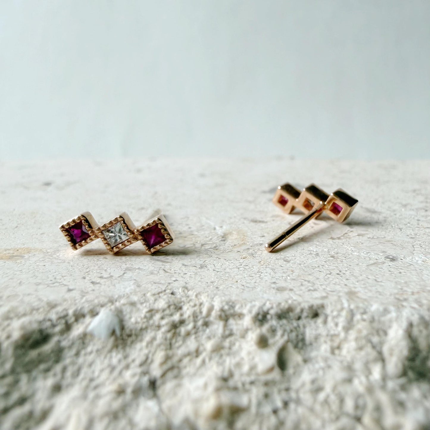 18K Rose Gold Natural Ruby Diamond Stud Earrings | Princess Cut Ruby Earrings | July Birthstone Earrings | Ruby Bar Studs