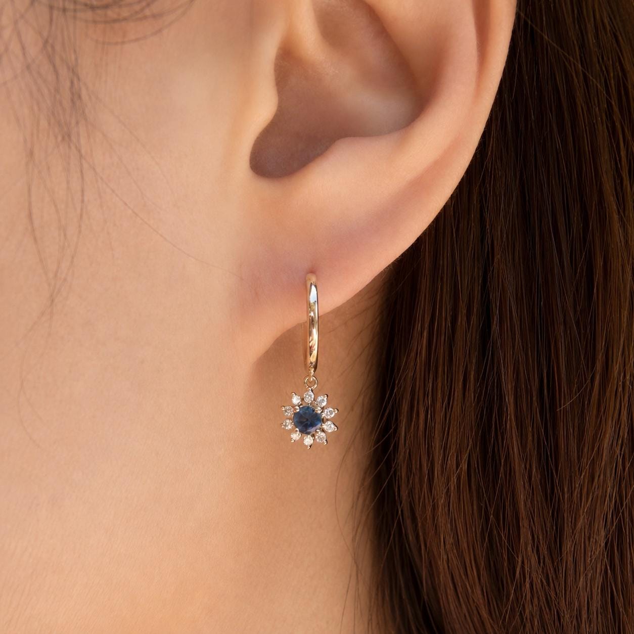 Natural Sapphire Diamond Sun Hoop Earrings, 14K Yellow Gold, Genuine Sapphire Dangle, September Birthstone Gift