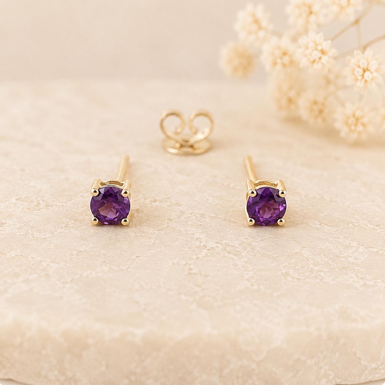 14K Solid Gold Genuine Amethyst 3mm Studs/Pair