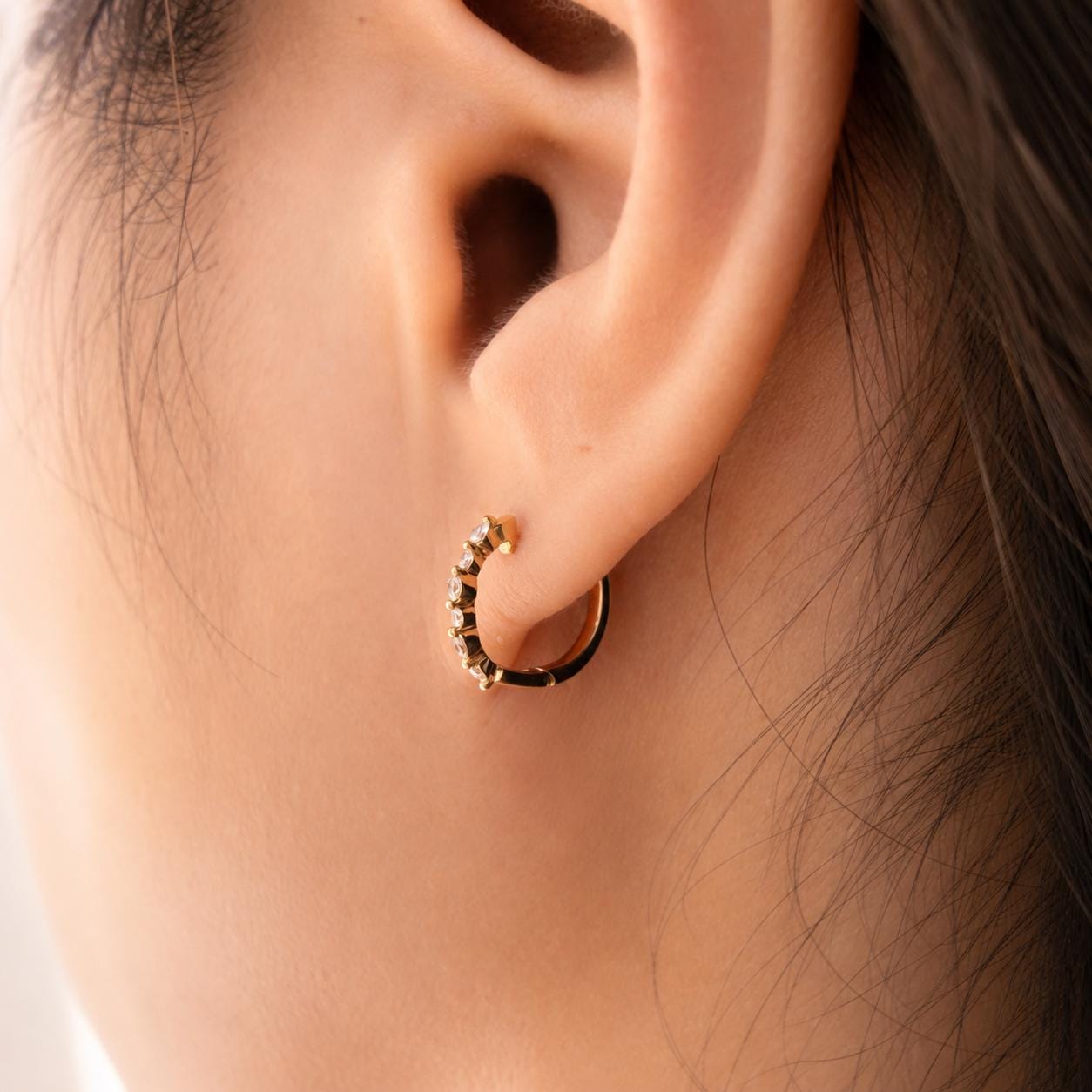 14K Solid Gold Natural Diamond Huggie Hoop Earrings, Genuine Diamond Hoops, Graduated Row, April Birthstone Everyday Jewelry
