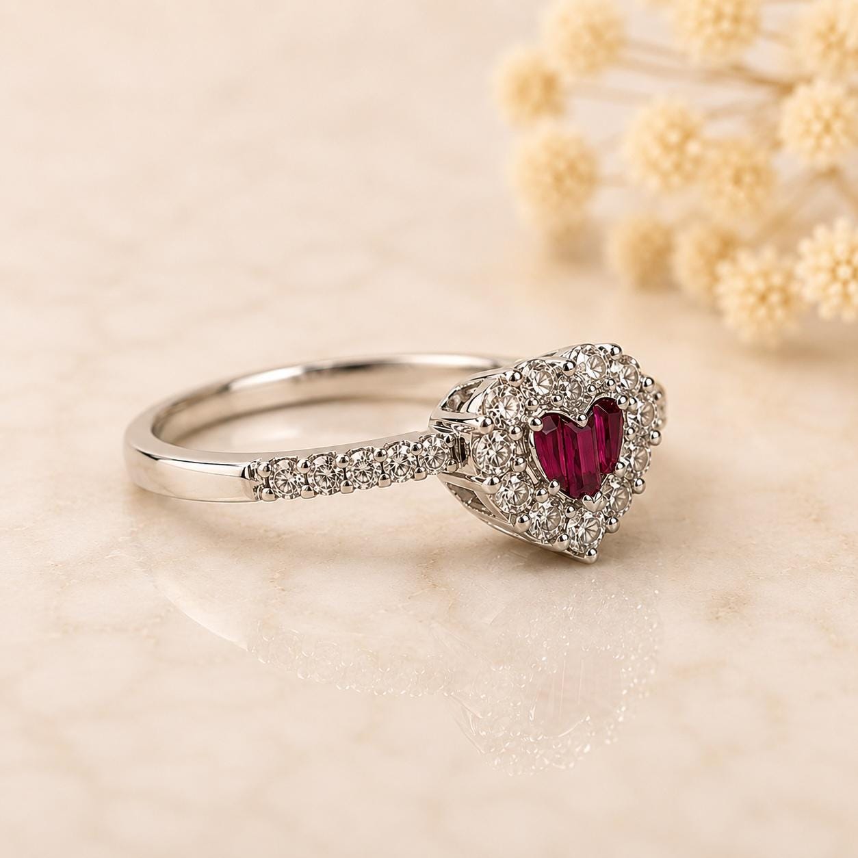 Natural Ruby Heart Ring, 18K White Gold, Baguette Ruby Diamond Halo Ring, July Birthstone Engagement Promise Ring